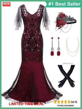Plus Size 1920s Flapper Maxi Dress Sequin Fringe Gatsby Cocktail